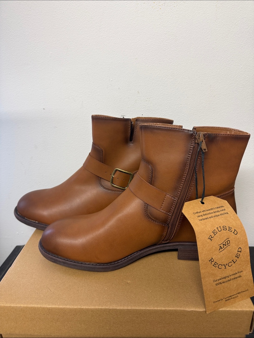 FRYE AND CO. Tan Leather Ankle Booties with Buckle Detail